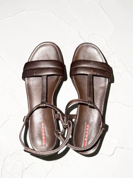 Vintage Prada Sport Linea Rossa Brown Leather T-Strap Wedge Sandals 90s - Picture 4 of 6